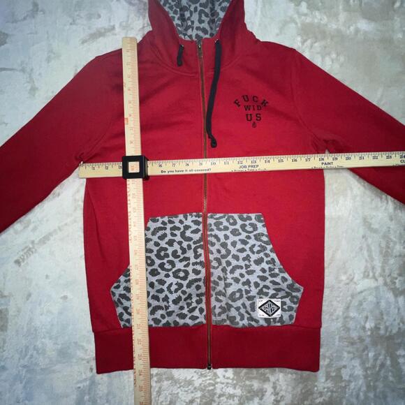 Crooks And Castles Women’s Leopard Print Full Zip Red Hoodie “F**k Wid Us” Sz M - Picture 3 of 15